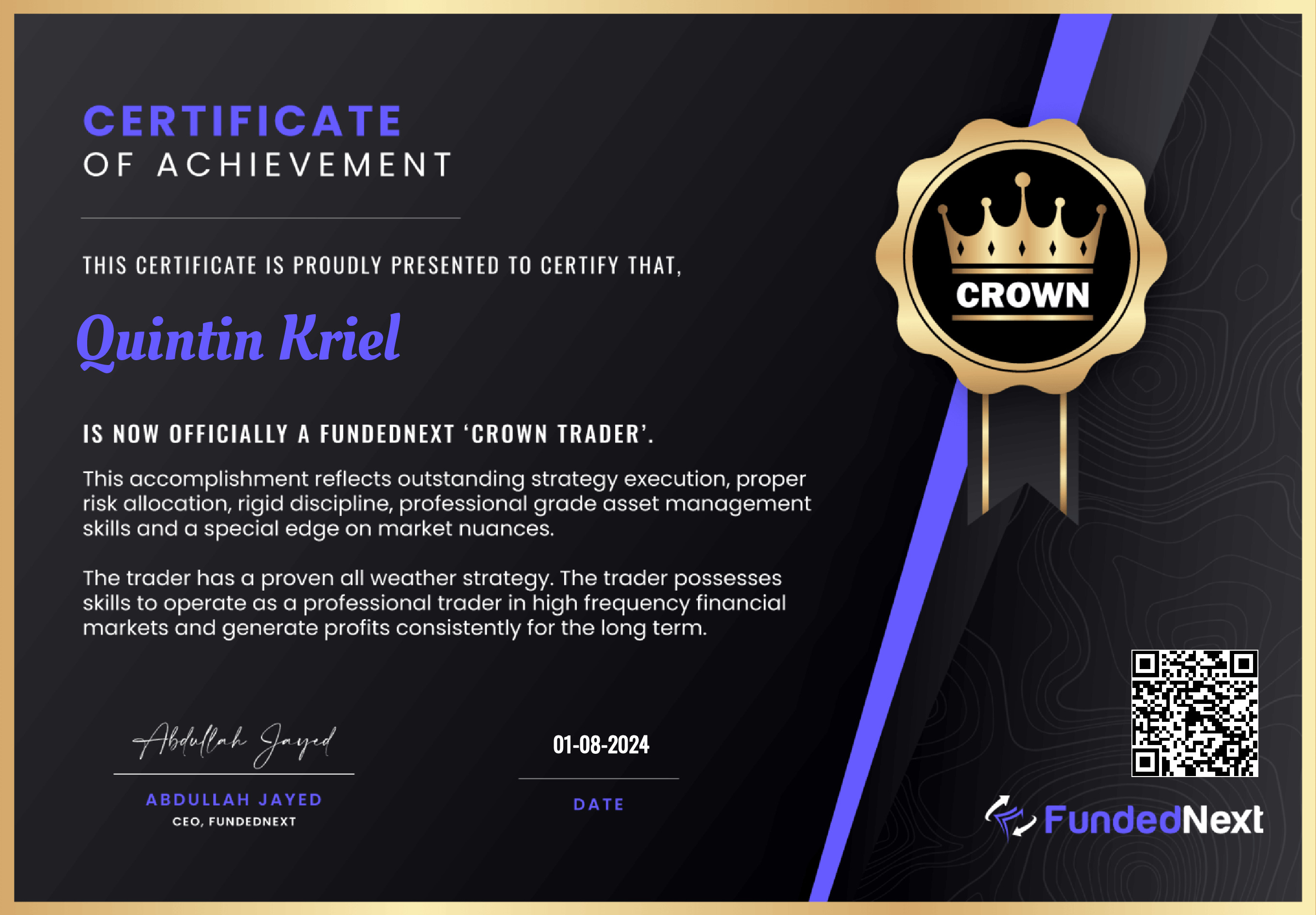 Funded Next $100k Funded Account Certificate