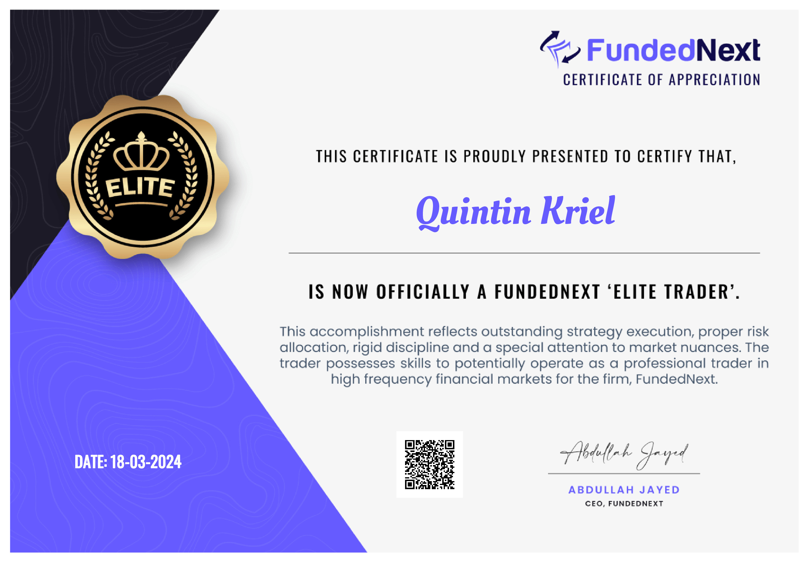 Funded Next $200k Phase 1 Pass Certificate